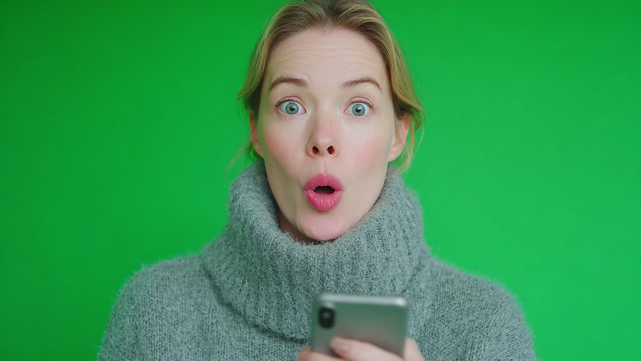 Woman Expressing Surprise and Joy While Using a Smartphone Against a Vibrant Green Background in a Playful and Engaging Video Sequence