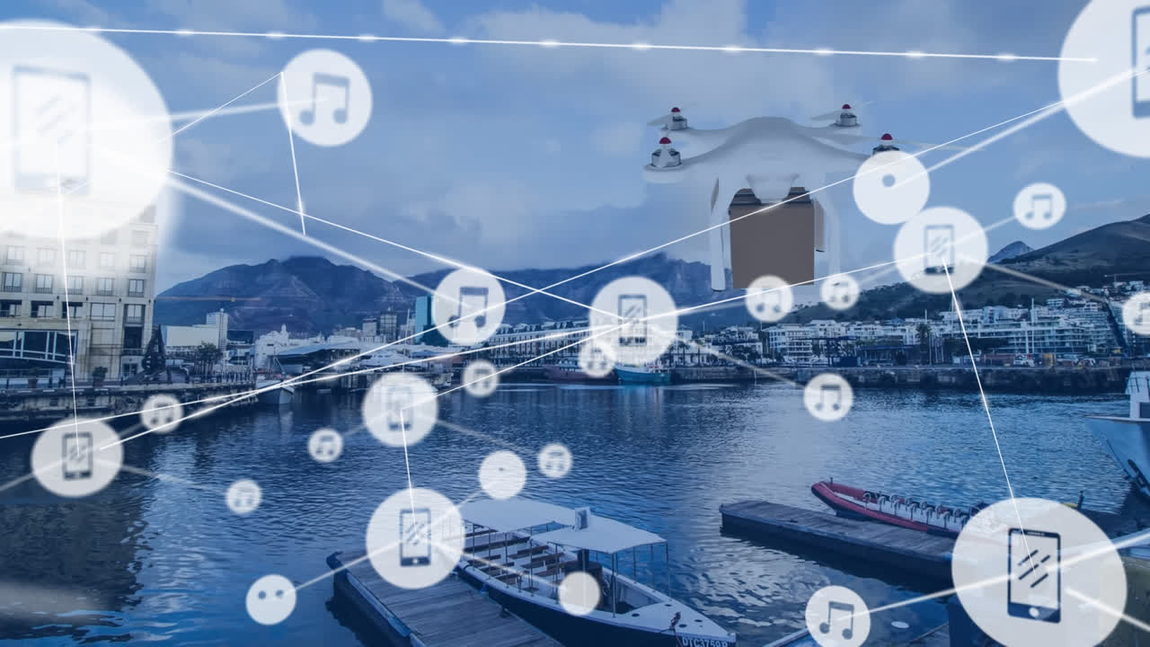 포트 및 드론에 대한 아이콘으로 연결 네트워크의 애니메이션