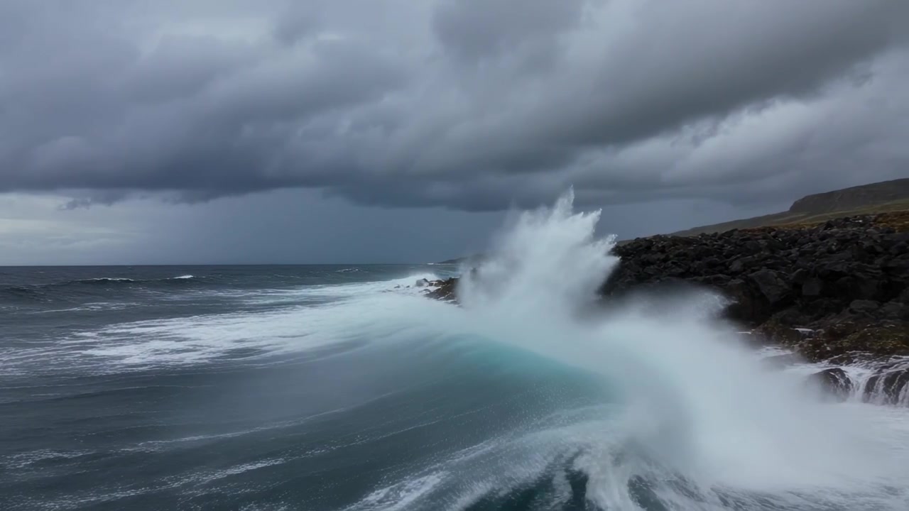Crashing ocean wave, storm-driven, hitting rocky shore, sending white spray, low clouds, rain-shaft