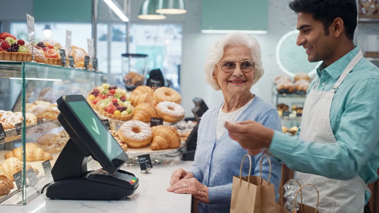 An elderly woman enjoys a delightful shopping experience at a bakery, interacting with a friendly cashier while purchasing delicious pastries and treats.