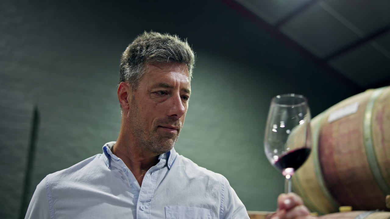 Enólogo Degustando Vinho Tinto em uma Adega