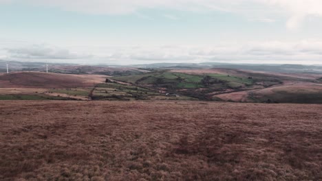 AERIAL:-Rise-above-yellow-grass-hill-revealing-rolling-green-and-orange-hills,-Penlle'r-Castell,-4k-Drone