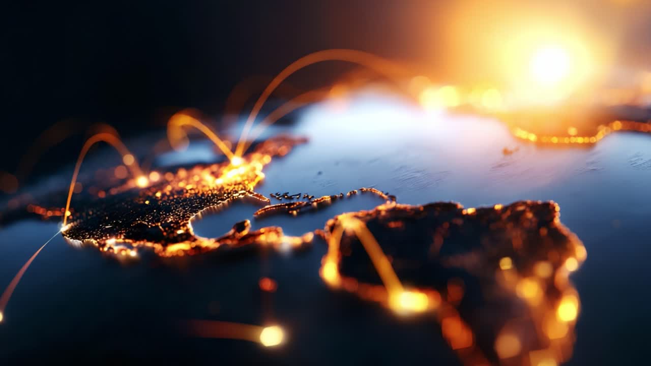 A Stunning Visualization of Global Connectivity: Illuminated Map with Dynamic Network Connections and the Warm Glow of Sunrise, Emphasizing Interconnectedness Across Continents