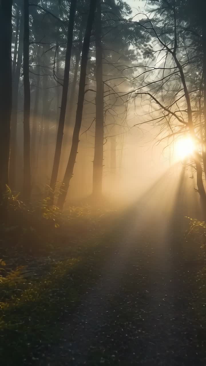 Vertical video: Sun rising sending gold rays through misty forest trail, with trunks and ferns