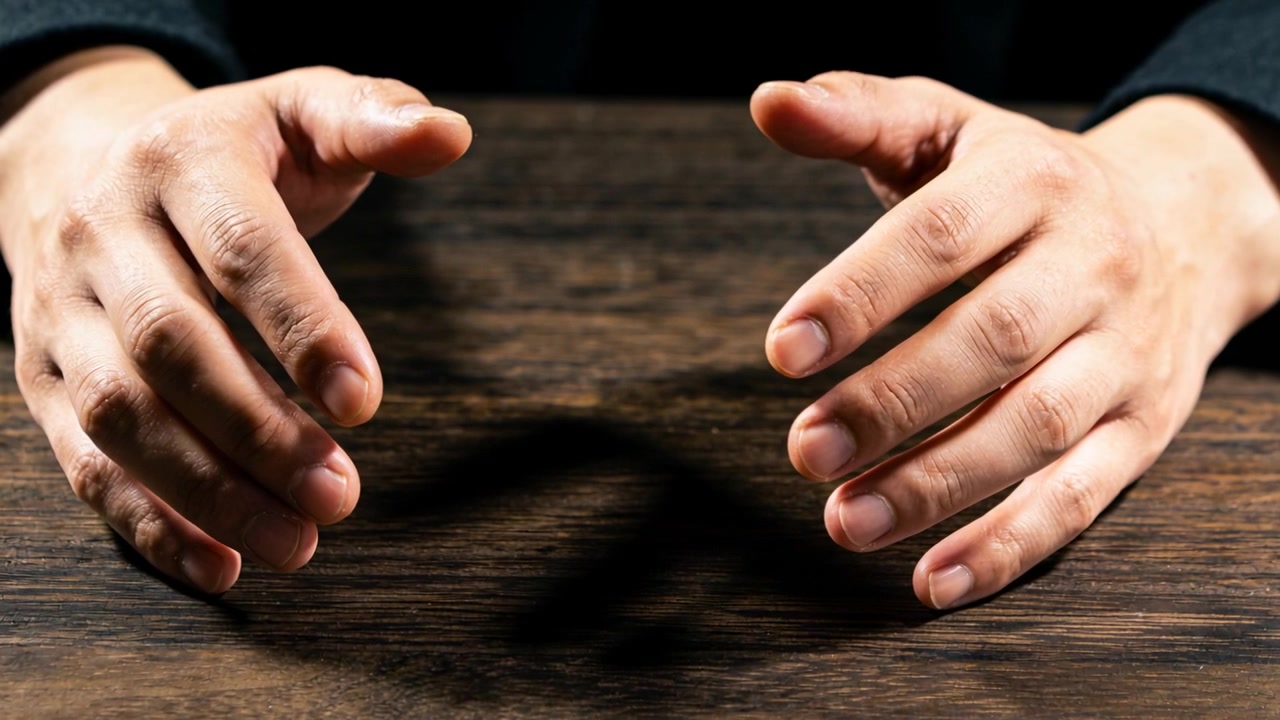 Con i palmi inizialmente separati, avambracci con le mani che si chiudono in maniche scure che si muovono su un tavolo di legno, proiettando un'ombra.