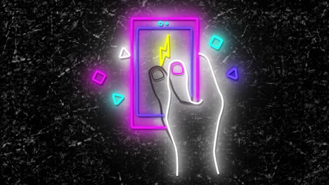 Animation-Einer-Hand-Mit-Smartphone-Neon-Auf-Dunklem-Hintergrund