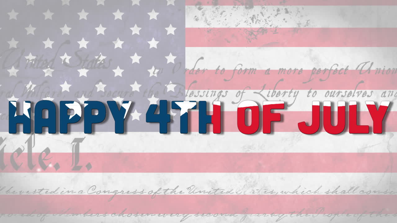 Independence Day text over US flag against U.S. Constitution text rolling