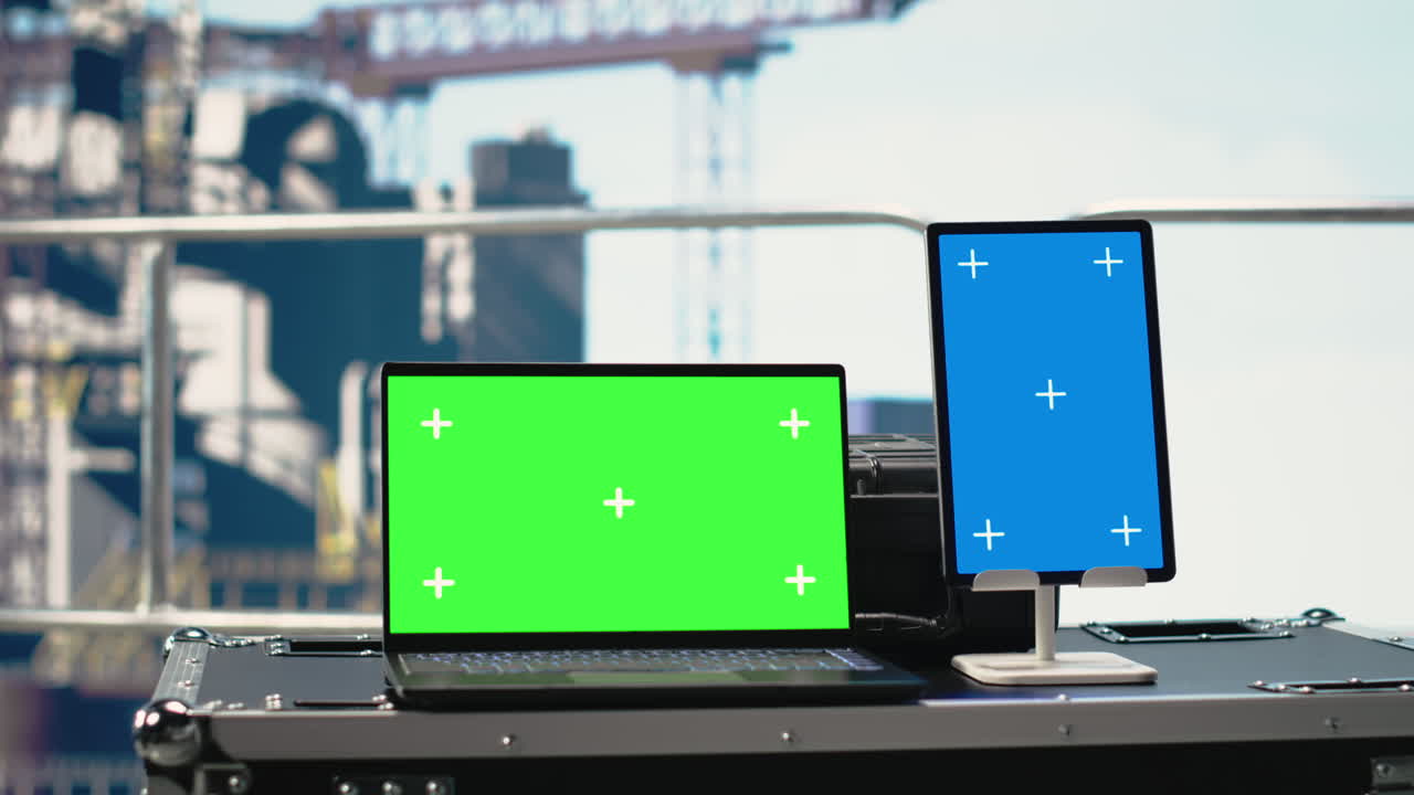 Green screen mockup tablet and laptop on offshore platform deck
