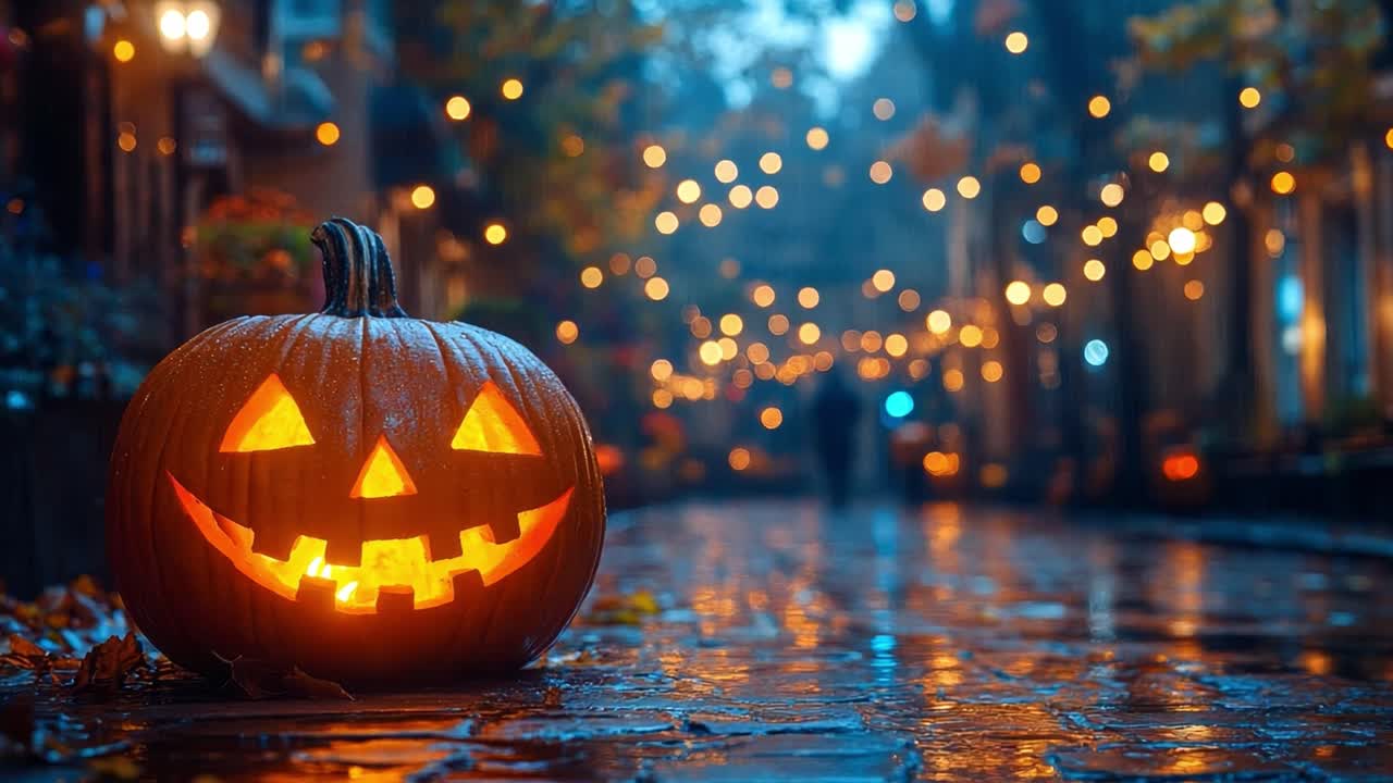 A festive Halloween night with a glowing jack-o'-lantern