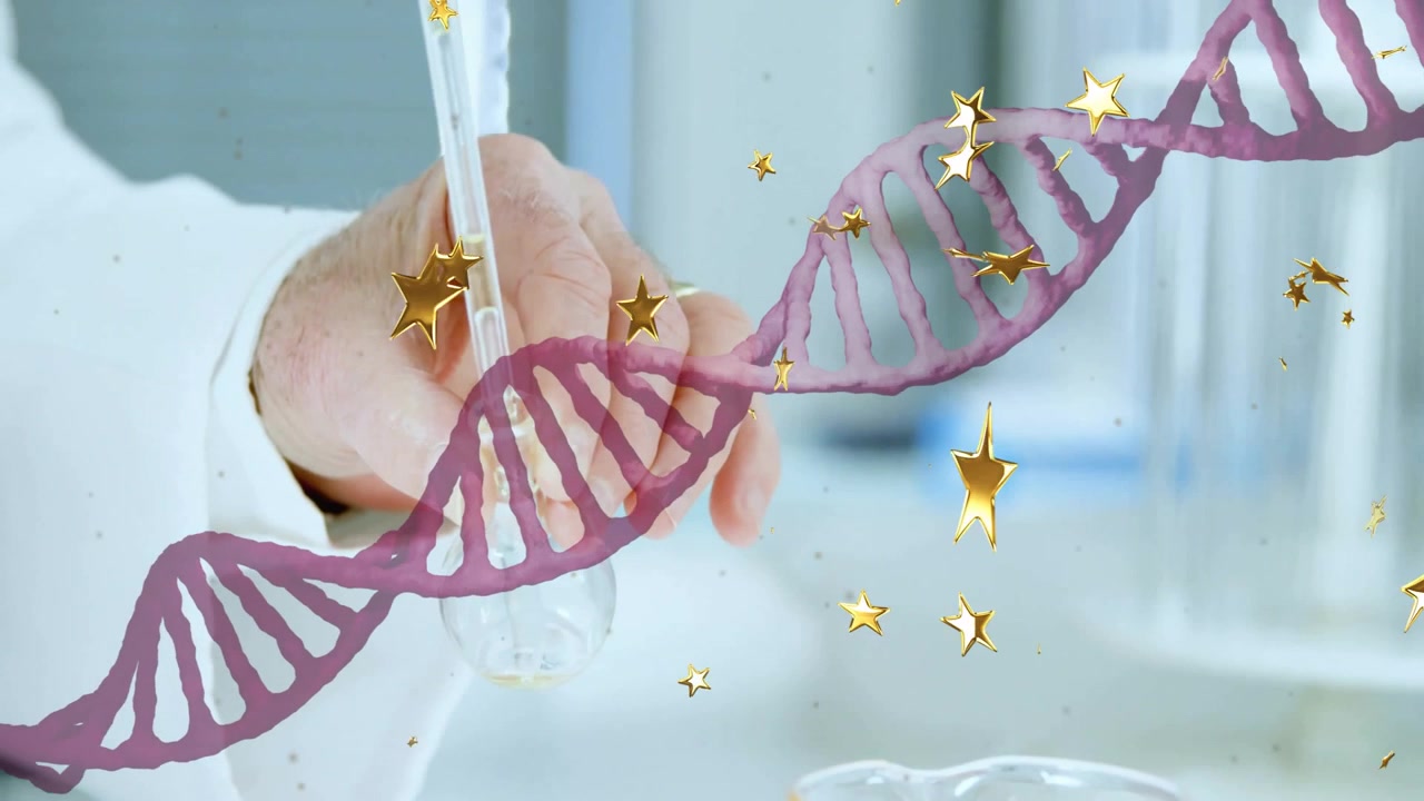Laboratorieforsker sænker pipette ned i kolbe, hvilket får dråbe, DNA-helix og stjerner til at animere