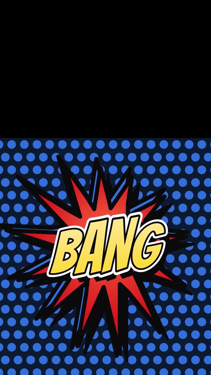 "BANG" verticale in stile fumetto su punti mezzatinta blu. Area superiore dedicata per il posizionamento di logo o testo. Loop continuo