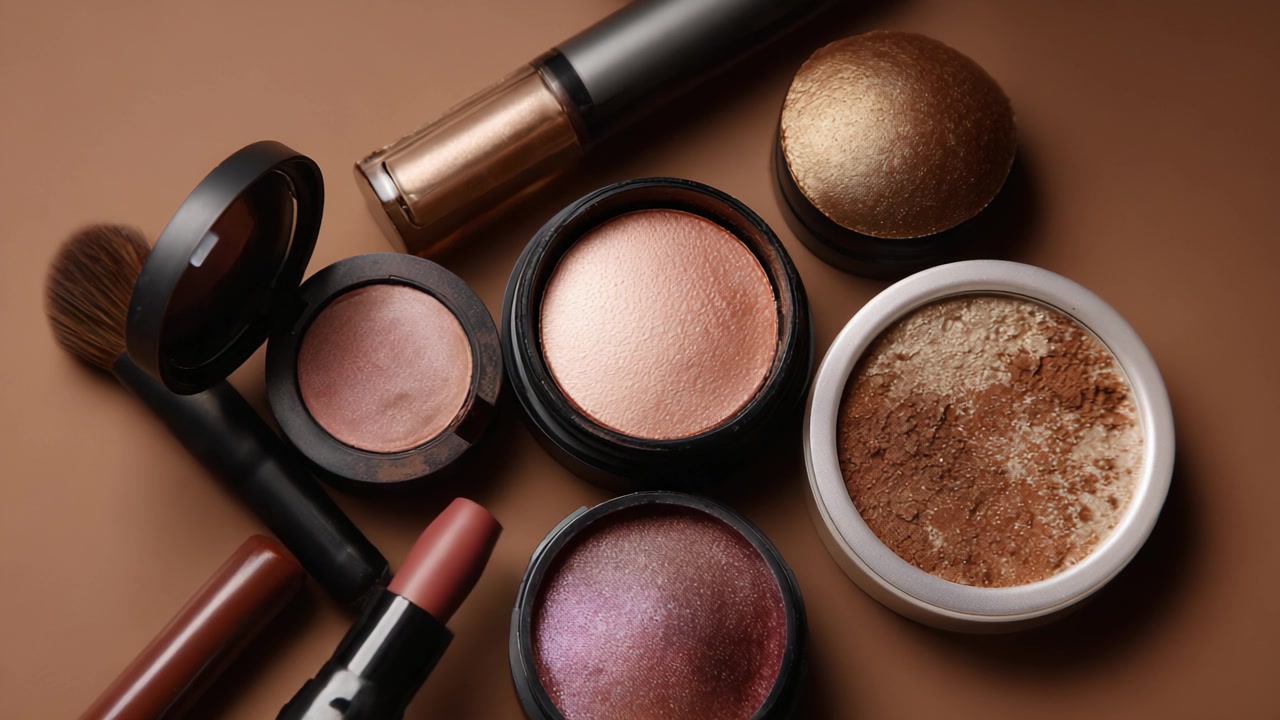 An Artistic Arrangement of High-Quality Makeup Products Featuring Blushes, Illuminators, and Lipsticks on a Rich Brown Background for Beauty Enthusiasts