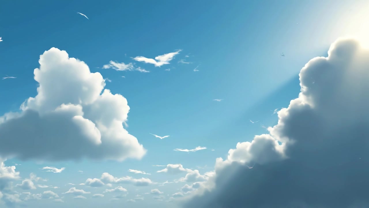 Vogelschwarm fliegt durch strahlend blauen Himmel mit flauschigen Wolken