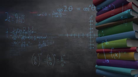 animación de ecuaciones matemáticas sobre una pila de libros
