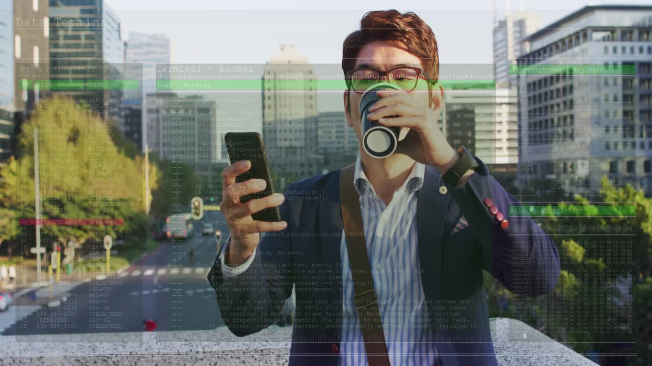 Moden teknologibruker drikker kaffe og sjekker data via telefon på taket, glitch flimrer og forsvinner