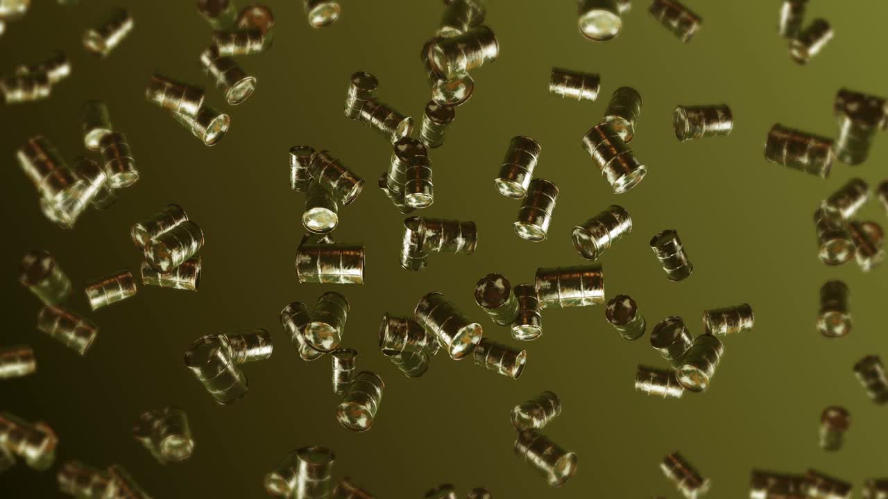 갈색 배경에 많은 오래된 연료 드럼을 날아. 화학 산업, 금속 배럴, 오일 크 회전의 3d 애니메이션, 루프 애니메이션.