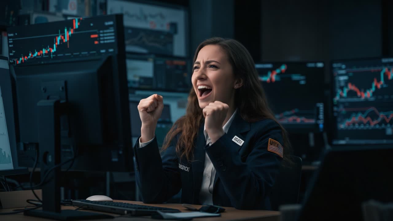 Excitement and Triumph: A Successful Trader Celebrating a Profitable Moment While Analyzing Financial Data on Multiple Screens in a Trading Environment