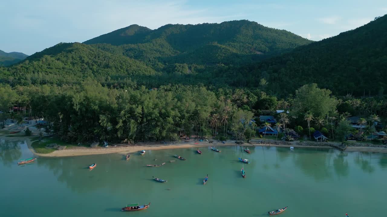 Aerial View of Tropical Island Beach with Boats