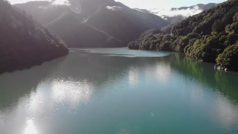 aerial approach view of lake okutama early morning