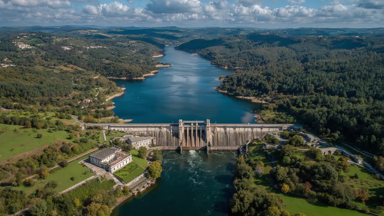 Aerial Views of a Majestic Dam Surrounded by Lush Greenery and a Scenic Reservoir, Showcasing the Interplay of Water and Nature's Splendor