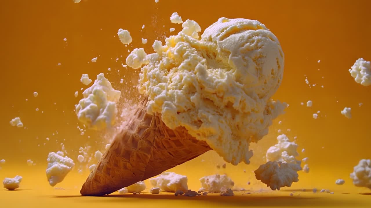 Deliziosa Pallina di Gelato Cremoso che Cade da un Cono, Creando un'Esplosione Giocosa di Splendida Consistenza Cremosa su uno Sfondo Giallo Brillante