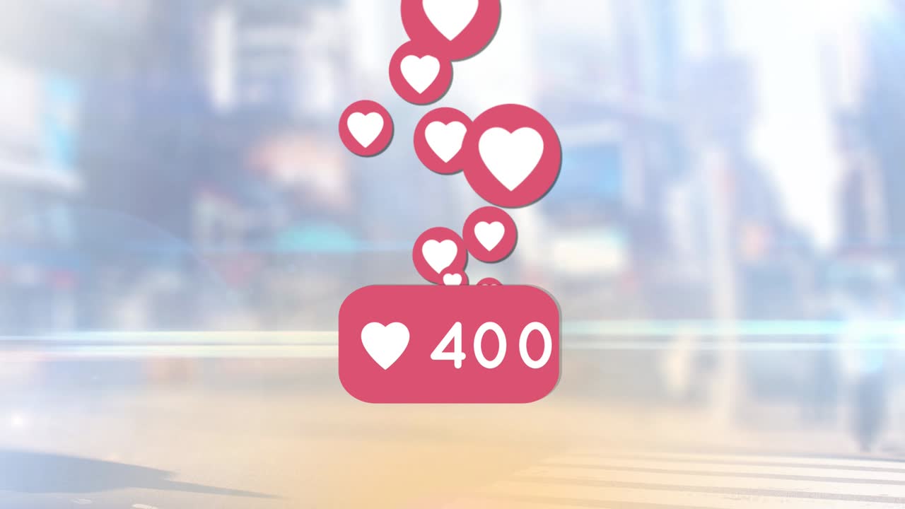 도시 풍경 위에서 자라는 심장 아이콘과 숫자의 애니메이션