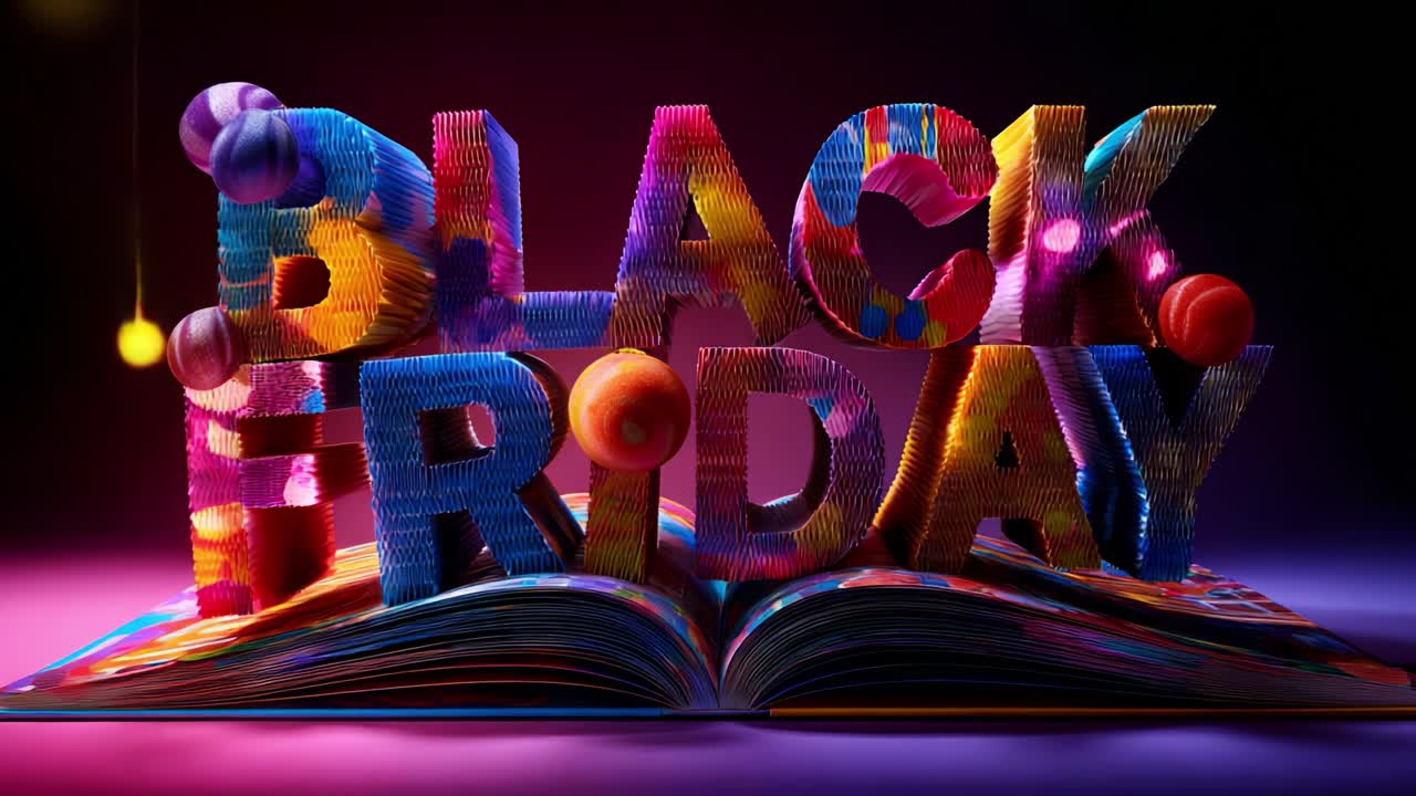 Teks Black Friday yang cerah dan meriah dengan dekorasi многоwarna dan latar belakang buku terbuka, memancarkan keceriaan liburan dan semangat kegembiraan berbelanja