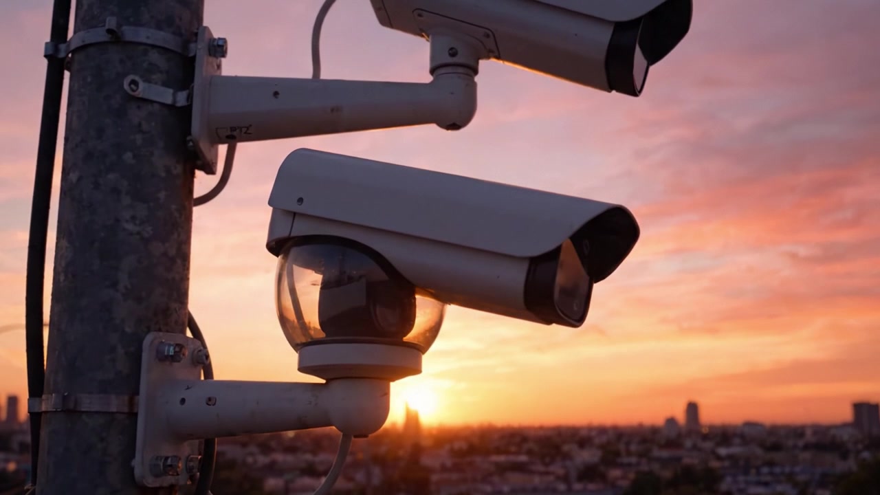 Telecamere di Sorveglianza al Tramonto: Una Vista Accattivante della Tecnologia che Domina uno Skyline Cittadino mentre il Sole Tramonta, Aggiungendo una Tonalità di Tranquillità alla Sicurezza Moderna