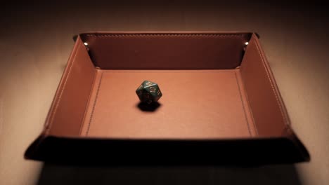 a twenty sided dice dropping straight down into a dice tray