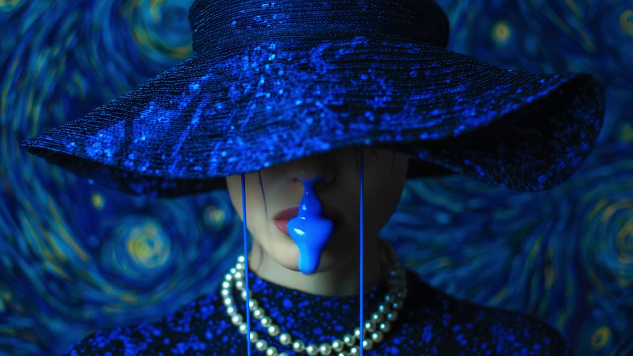 A Captivating Portrait of Elegance: A Mysterious Figure in a Blue Hat and Pearls Blends Fashion with Artistic Expression Against a Vibrant Swirled Background that Evokes Dreamy Visual Sensations