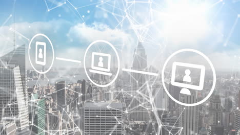 Animation of icons with network of connections over cityscape background