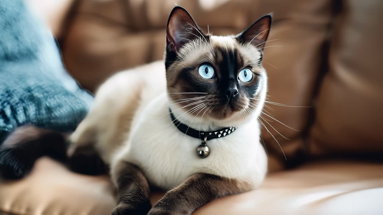 Cute Siamese cat with striking blue eyes and a black collar adorned with a bell, lying comfortably on a brown sofa draped with a soft blue blanket, gazing up with curiosity