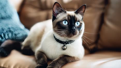 cute siamese cat with striking blue eyes and a black collar adorned with a bell, lying comfortably on a brown sofa draped with a soft blue blanket, gazing up with curiosity