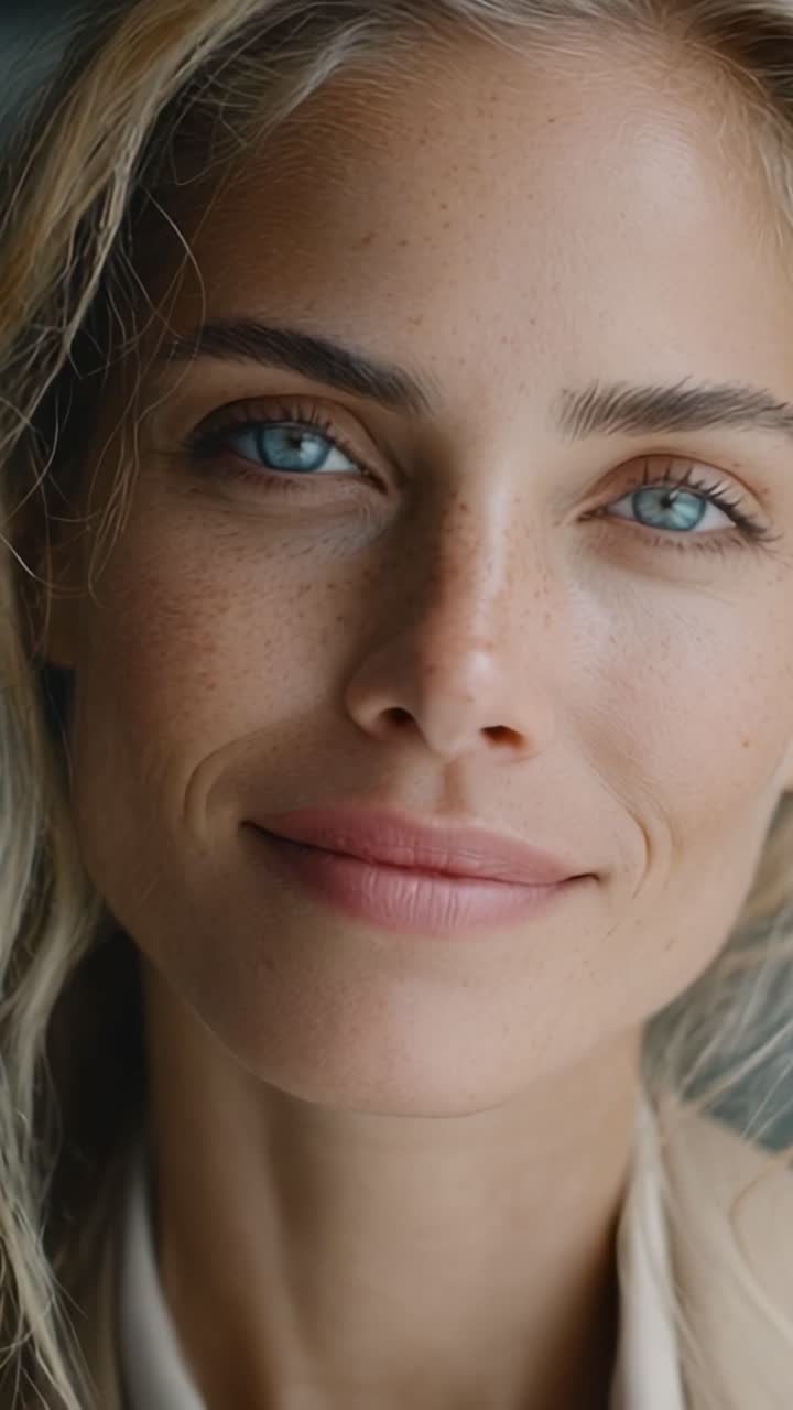 Un ritratto accattivante di una donna con occhi blu penetranti e bellezza naturale, che mostra emozioni attraverso un sorriso autentico e una fiducia radiosa