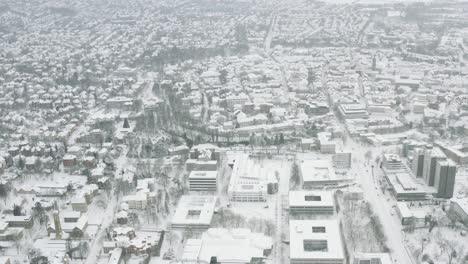 drone aerial of the university city göttingen after snow storm tristan in the winter of 2021