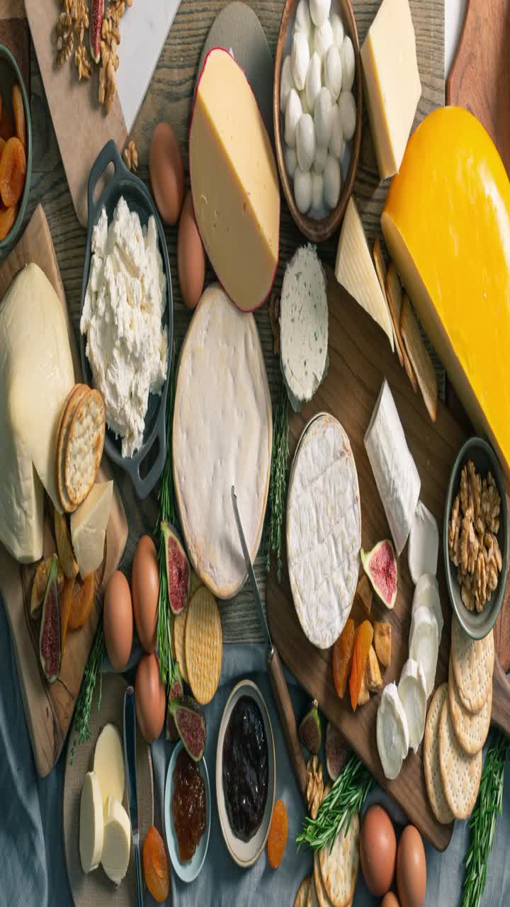 A collection of cheeses, crackers, fruits, eggs, and gourmet ingredients