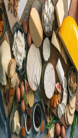 a collection of cheeses, crackers, fruits, eggs, and gourmet ingredients