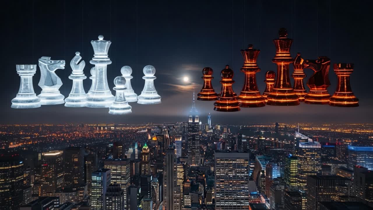 A Strategic Chess Battle Unfolds Over a Majestic City Skyline, Where Light and Shadow Symbolize the Clash of Forces in an Epic Clash of Wits