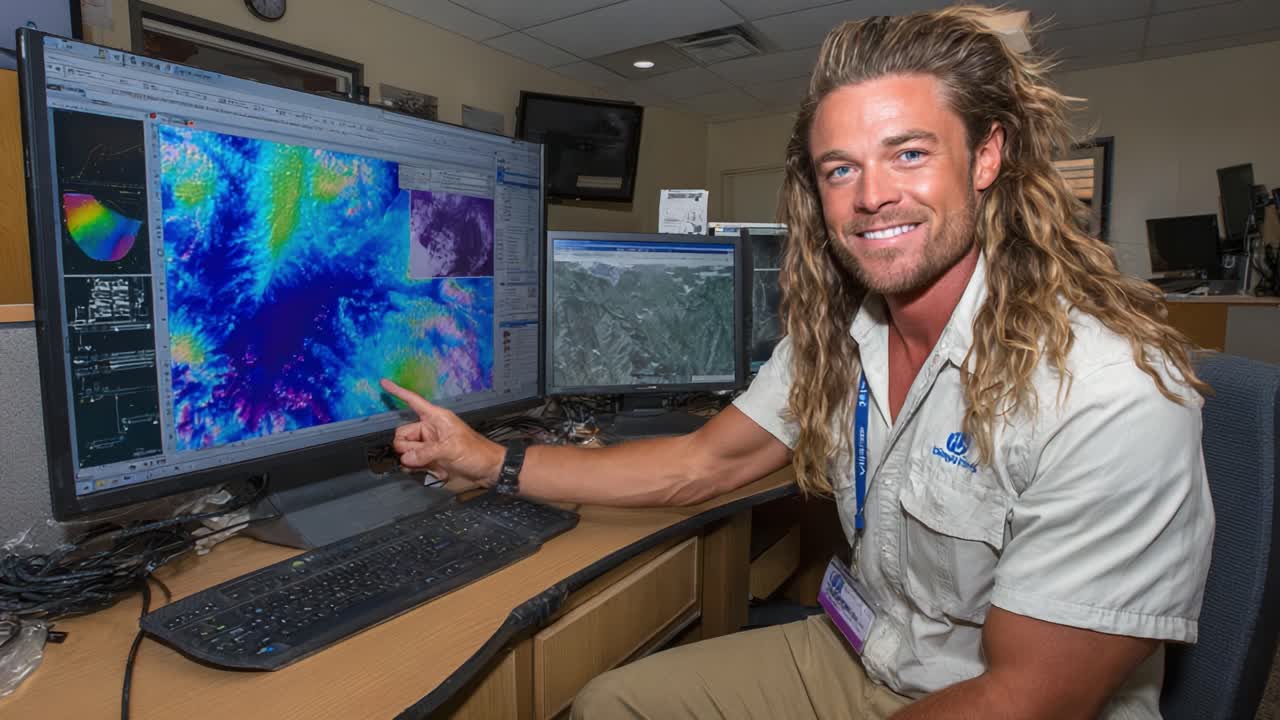 Um meteorologista analisa imagens de satélite vibrantes para prever padrões climáticos e monitorar mudanças ambientais em um ambiente de escritório dinâmico