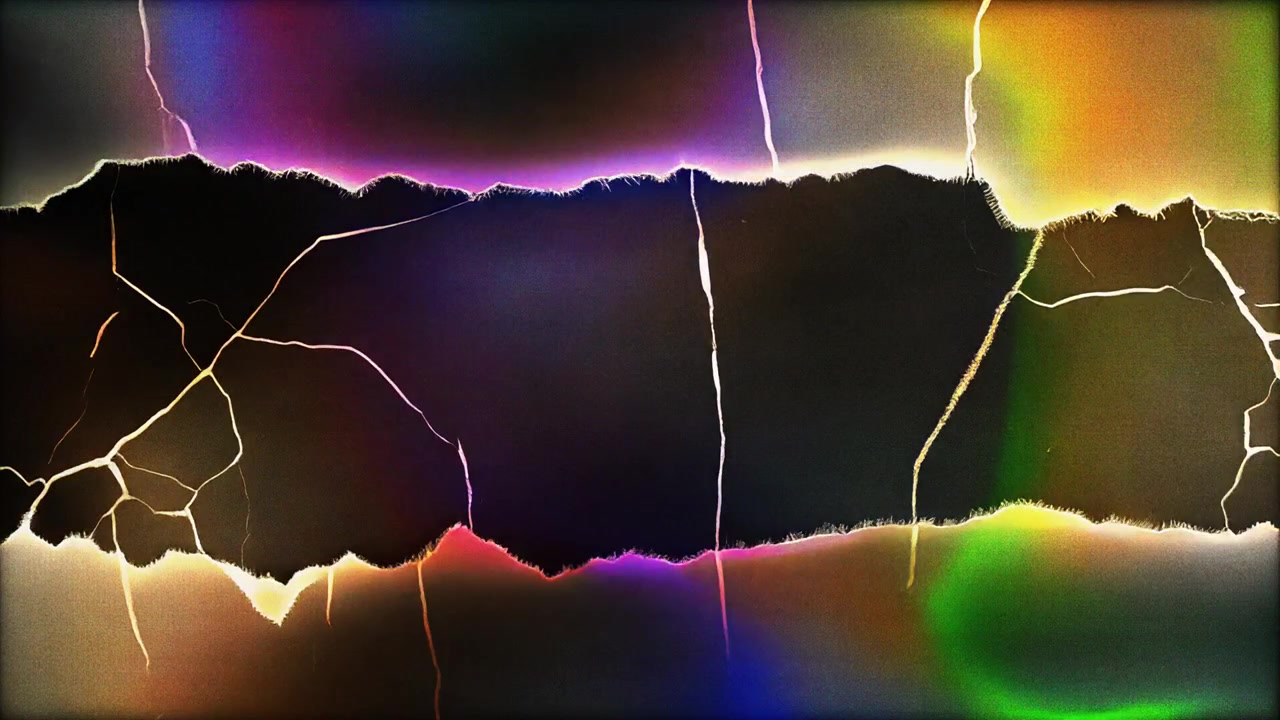Transizione astratta a strappo di carta con effetti di luce arcobaleno dinamici