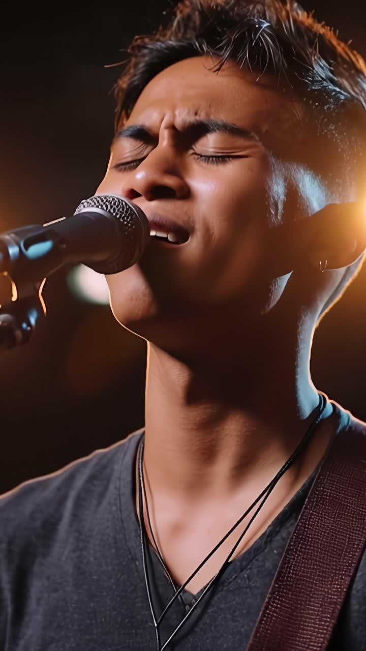 Um jovem artista apaixonado se expressa enquanto se apresenta no palco, totalmente imerso na música, mostrando emoção e arte através do seu canto