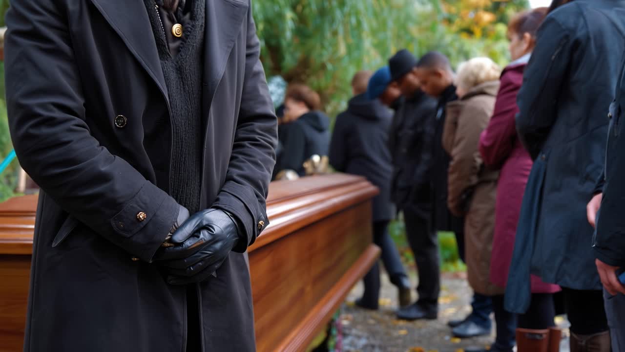 Kisten hviler ved siden av de samlede sørgende. Hendene foldet i hansker, en høytidelig gest. Folk står i stille, dyster ro. Følelser dempet, sorg delt. Ideell for begravelse, minnesmarkering eller sorgtemaer