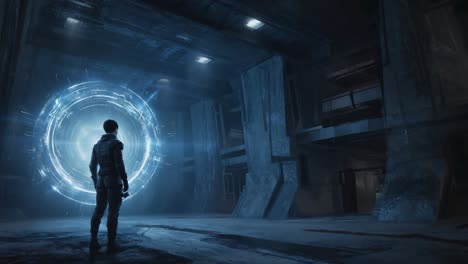 man standing before a glowing sci-fi portal