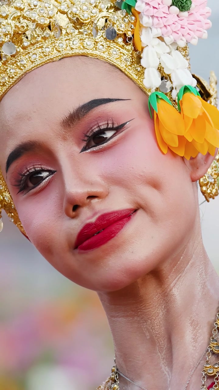 Close-up shot of a Thai dancer in traditional gold headdress performing at Wat Suthat Thepwararam