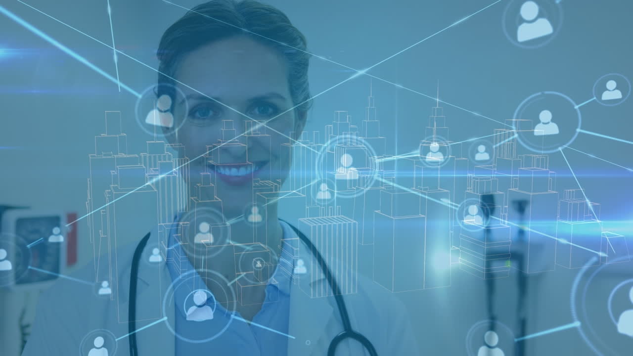 animación de iconos de perfil que se conectan con líneas y edificios sobre una doctora caucásica sonriente