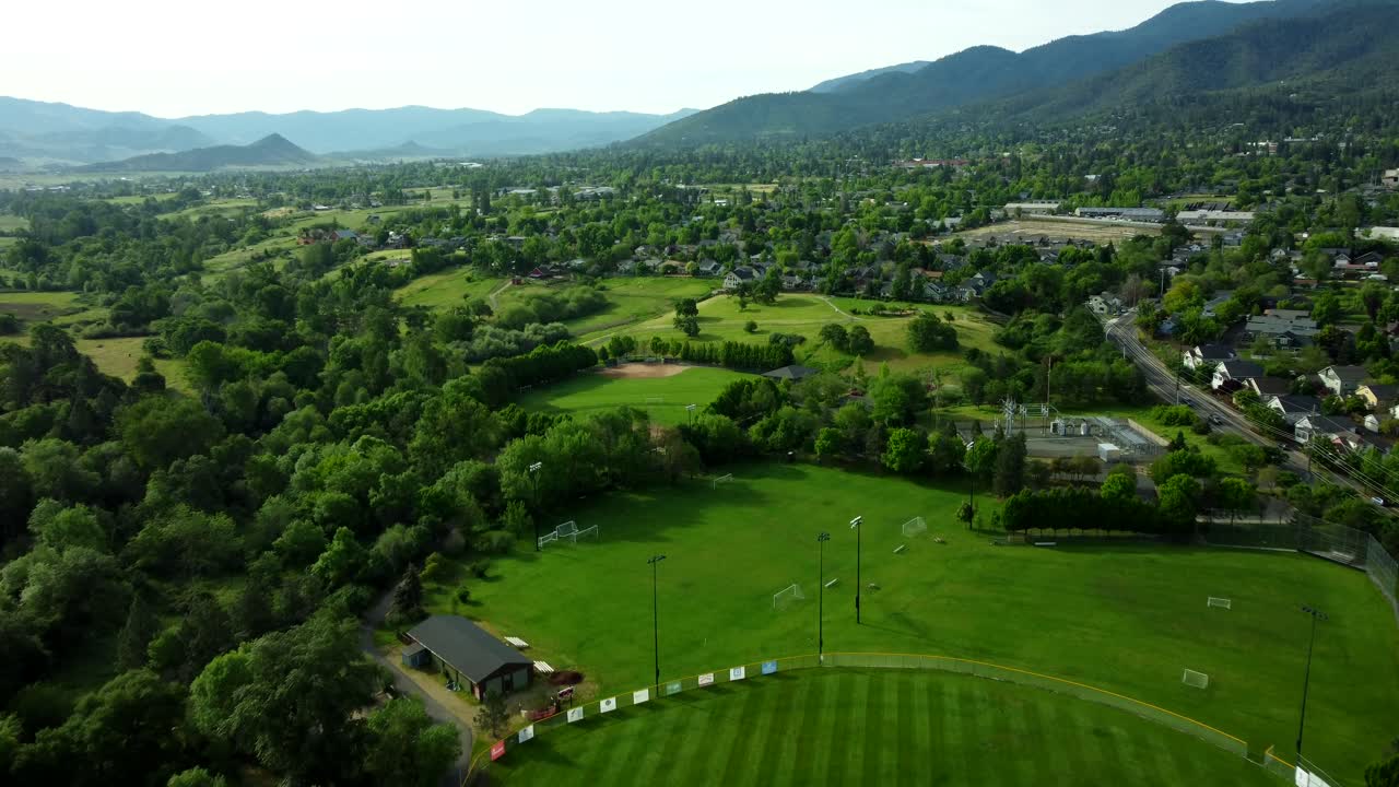 Aerial View of a Town with Baseball and Soccer Fields