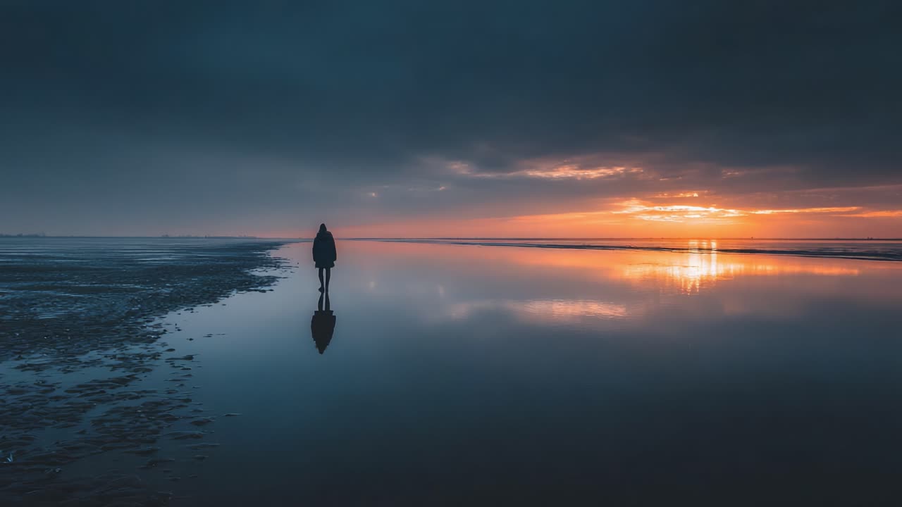 A solitary figure stands against a backdrop of twilight reflections on the calm sea, capturing the tranquil essence of nature at dusk in a moment of serene solitude