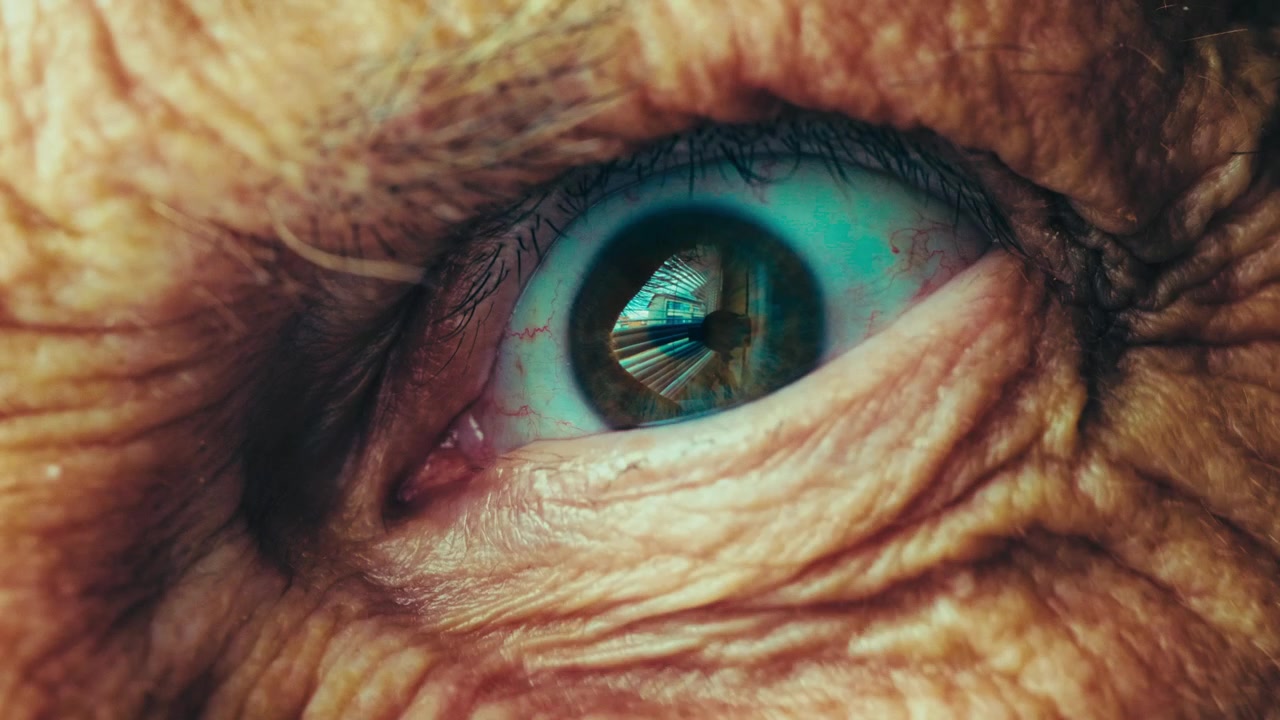 Macro primo piano dell'occhio di una persona anziana con movimenti rapidi, a scatti e inquietanti, che crea uno sguardo sinistro e penetrante. Intenso concetto horror di una creatura terrificante o di una presenza inquietante che ti fissa. 4k.
