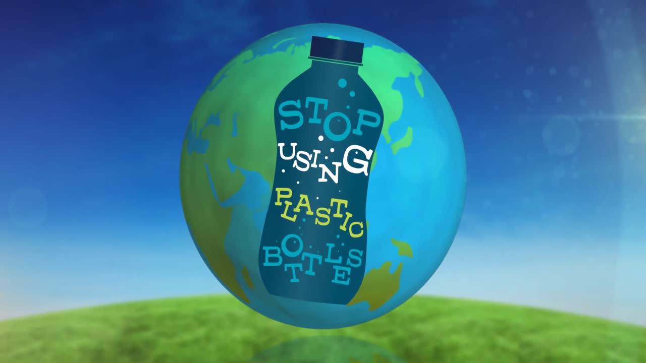 플라스틱 병 사용을 중단하는 애니메이션 병과 지구상의 텍스트