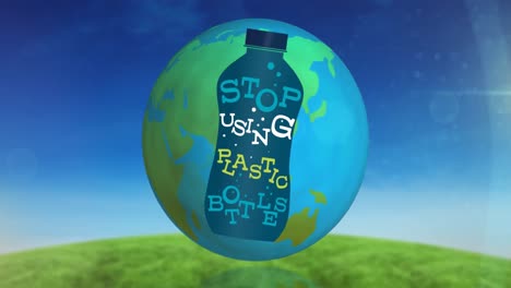 Animation-of-stop-using-plastic-bottles-text-over-bottle-and-globe